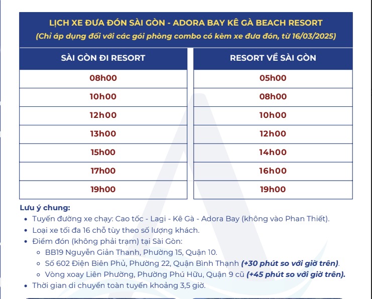 Lịch Xe Đưa Đón Adora Kê Gà Resort